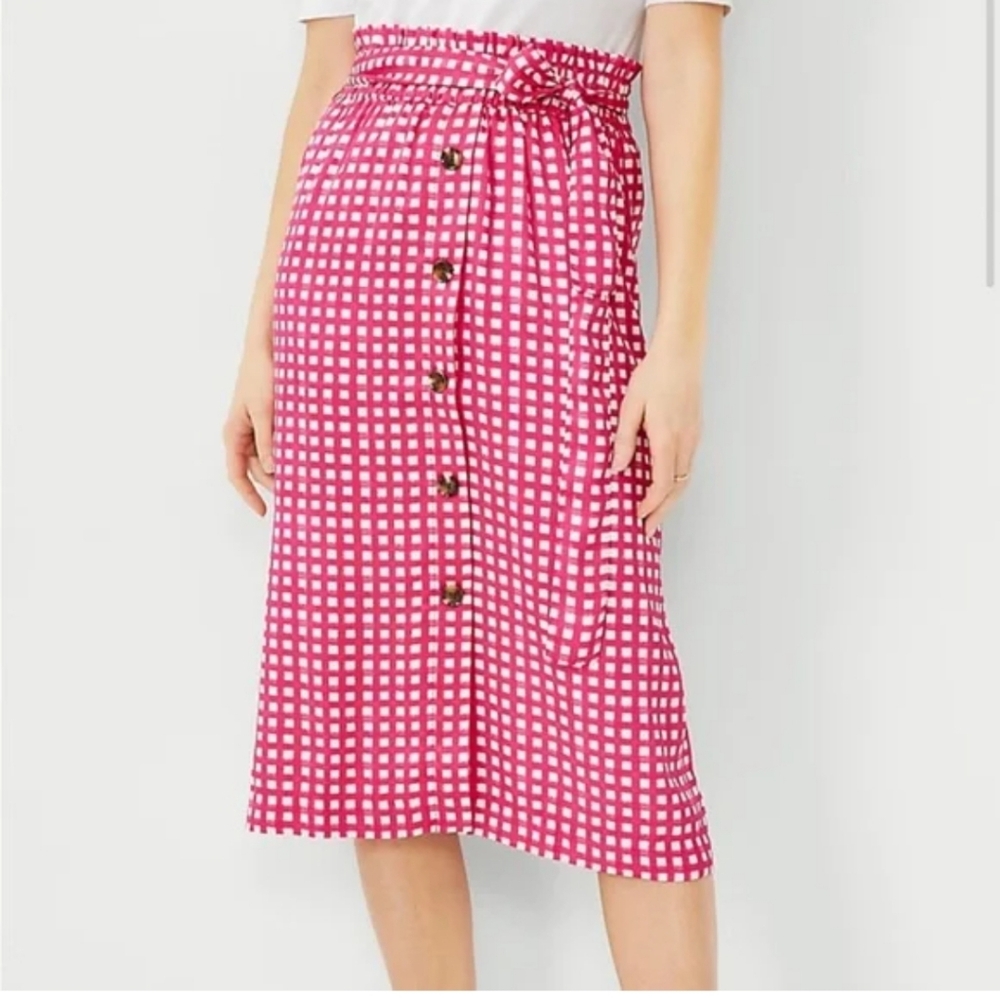 NWT Ann Taylor tie waist button gingham midi skirt belted small pink white